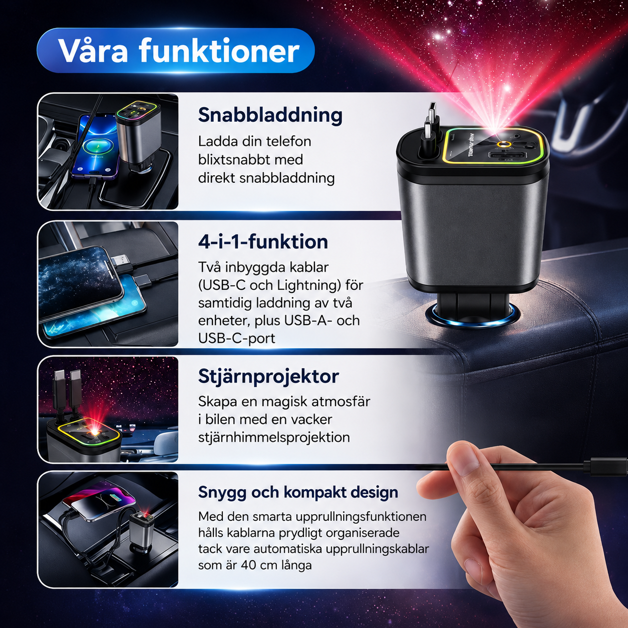 NordLadd 120W | 4-i-1 Snabbladdare med RGB Stjärnhimmel